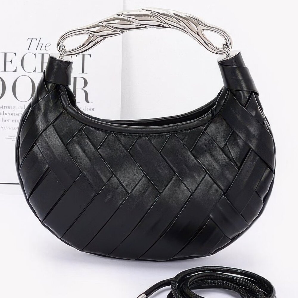 Faux Leather Braided Metal Handle Clutch